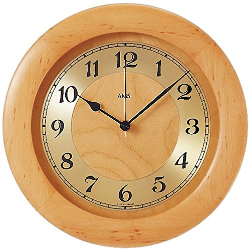 AMS 5809/16 klassische Runde Wanduhr rustikal mit Funktechnik Gehäuse Massivholz Erle, Mineralglas Funkuhr