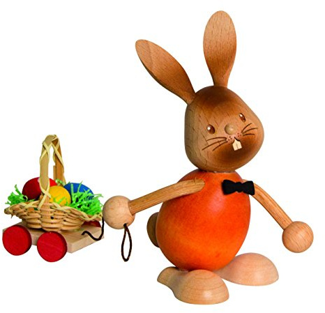 Kuhnert Drechslerei Osterdekoration/Osterhase „Stupsi Hase mit Eierwagen“ 11 cm hoch, aus feinstem Holz, für EIN Bezauberndes Osterfest oder eine dauerhafte Dekoration, Holzkunst Made in Germany