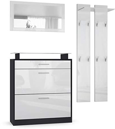 Vladon Garderobe Loret mini, Garderobenset bestehend aus 1 Schuhschrank, 1 Wandspiegel und 2 Garderobenpaneele, Schwarz matt/Weiß Hochglanz