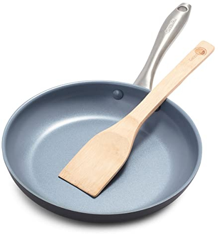 GreenPan Lima Hard Anodized 10 Frying Pan Skillet, Wood Spatula, Ceramic Nonstick, PFAS-Free Nontoxic Pots and Pans, Oven & Broiler Safe, Stainless Steel Handle, Cookware for Eggs & Omelet, Gray