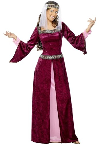 Smiffys Maid Marion Kostüm Burgund mit Kleid & Kopfbedeckung Historische Verkleidung Mittelalter Dress Up Kostüme