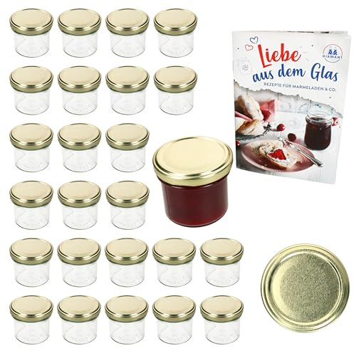 MamboCat 25er Set Sturzglas 125 ml mit Schraub-Deckel Gold I Einmachgläser + to 66 Deckel mit Diamant-Zucker-Rezept I Vorratsgläser konservieren & sterilisieren