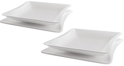 Deagourmet, Onda, Set 2 Piatti Piani e 2 Piatti Fondi, Porcellana Bianca New Bone China