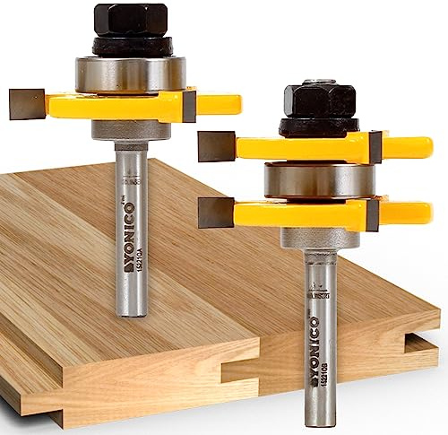 YONICO Tongue and Groove Router Bits Set Up to 3/4-Inch Stock 1/2 Cutting Depth 2 Bit Set 1/4-Inch Shank for Edge-to-Edge Hardwood Flooring, Paneling, Cabinet Door, Plywood Sheathing 15221q