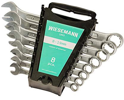 Ring-Maulschlüssel Set 8tlg. 8-19mm von WIESEMANN 1893 I Schraubenschlüssel Satz im Werkzeug Halter I mit 15° abgewinkelte Ringseite für einfacheres Arbeiten I 80201
