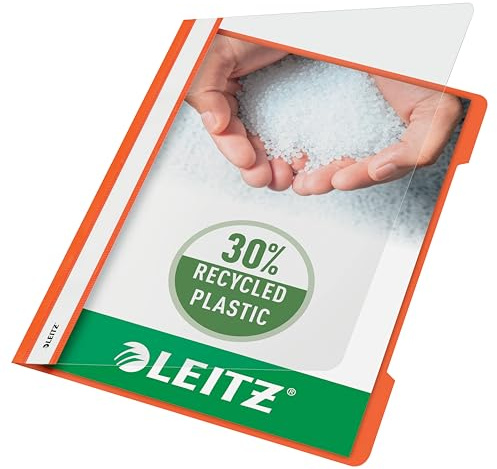 Leitz A4 Standard Schnellhefter, 25er Pack, 30% Pre-Consumer Recycling-Kunststoff, Hefter für A4-Blätter, 60 Blatt Kapazität, Ideal als Dokumententasche für Schule oder Büro, Orange, 41910045