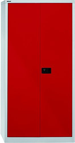 BISLEY Flügeltürenschrank Universal, 4 verzinkte Fachböden, 5 OH, Metall, 506 Korpus Lichtgrau, Fronten Kardinalrot, 40 x 91.4 x 195 cm