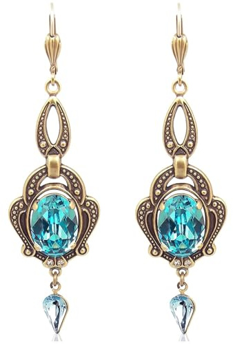 Jugendstil Ohrringe Gold Türkis österreichische Kristalle Ohrhänger lang NOBEL SCHMUCK