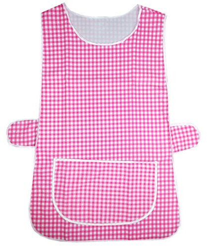 MyShoeStore Tabard Apron with Large Centre Pocket, Checkered Pattern, Button Side Fastening, Cotton Blend Workwear for Kitchen Cleaning Catering, Pink, Medium/WX