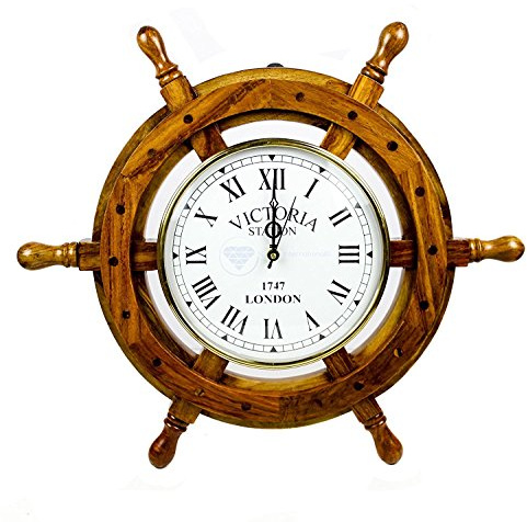 Nagina International Nautique en Bois Navire en Bois Horloge À Quartz - Pirate Décor À La Maison Tenture Murale Cadeaux (18 Pouces)