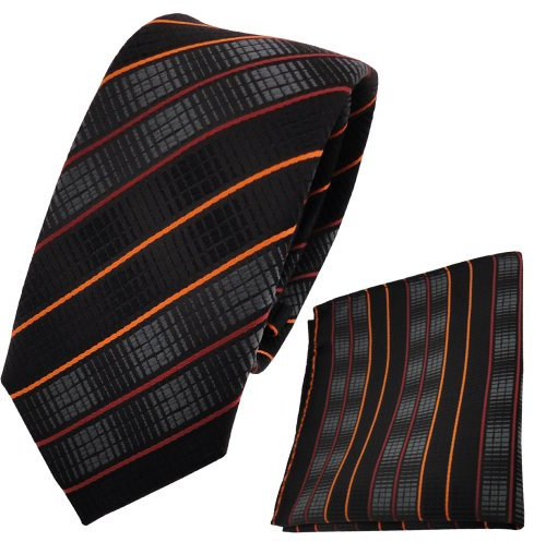 TigerTie - schmale Kinderkrawatte + Einstecktuch in orange schwarz anthrazit gestreift