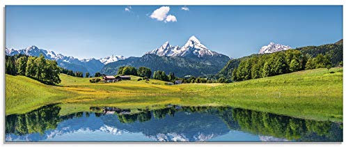 ARTland Wanddeko Glasbilder Wandbild Glas Bild einteilig 125x50 cm Querformat Alpen Berge Bergsee See Natur Landschaft Wald Tal Urlaub Sommer T9QB
