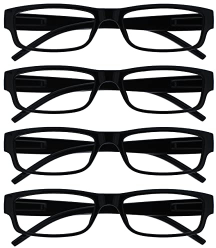 OPULIZE ACE Lesebrille für Damen und Herren - 4er-Pack - Schmaler Rechteckiger Rahmen - Komfort Federscharniere - Kratzfest - Schwarz UVR +3.00