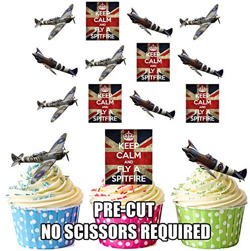 AK Giftshop PRE-CUT Keep Calm British Spitfire Mix D Day Edible Cupcake Toppers/Cake Decorations (Pack of 36)