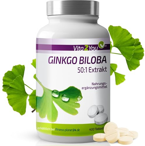 Vita2You Ginkgo Biloba - 400 Tabletten - Hochdosiert - Mit Flavonglykoside + Terpenlactone - Ginkgolsäure unter 1ppm - Jahrespackung - Ginko Extrakt - Premium Qualität