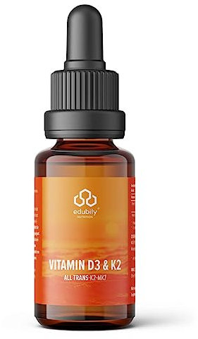 edubily nutrition® Vitamin D3 K2. 1132 Tropfen gelöst in MCT Öl. Vitamin D3 trägt zu einer normalen Funktion des Immunsystems, der Knochen & Muskeln bei.