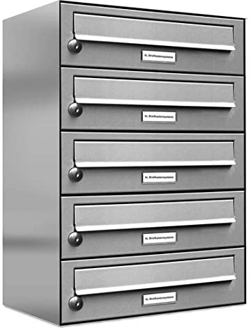 AL Briefkastensysteme 5er Briefkastenanlage, V2A Edelstahl, Premium Briefkasten DIN A4, 5 Fach Postkasten modern Aufputz
