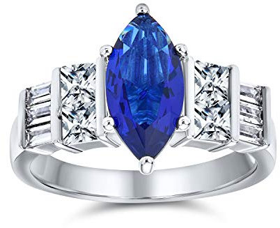 Personalize Vintage Estate Art Deco Style Halo Blue Simulated Sapphire Marquee Oval Solitaire Engagement Ring For Women .925 Sterling Silver Customizable