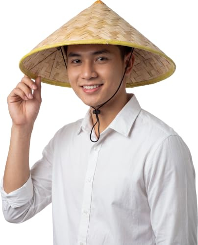 FIESTAS GUIRCA | Vietnamesischer Strohhut (Einheitsgröße) – Traditioneller asiatischer Kegelhut für orientalisches Kostüm, Karneval, Mottopartys und Feiern – Damen Herren – Beige