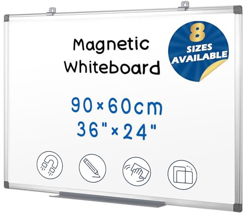 Swansea Tableau blanc magnétique 60x90cm, Tableau blanc effacable magnetique bureau, avec cadre en aluminium et porte-marqueurs, 90x60cm (LxH)