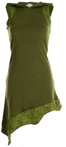 Vishes - Alternative Bekleidung - Asymmetrisches Damen Elfenkleid Baumwolle mit Zipfelkapuze olivegrün 38-40