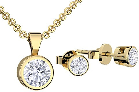 Amoonìc Schmuckset Gold Zirkonia (Silber 925 hochwertig vergoldet) Zirkonia Schmuck Gelbgold Kette und Ohrringe Halskette Damenkette Hochzeit Schmuck Brautschmuck FF07VGGGZIFA45