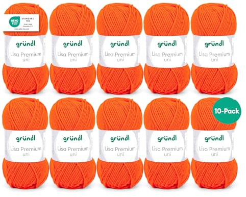 Gründl Lisa Premium Uni stick- och virkgarn (mjuk och ulliknande karaktär, lättvårdat tvättbart stickgarn tillverkat av 100% polyakryl, 50 g/133 m, nåltjocklek: 3,5 – 4,5, 10 nystan á 50 g), orange