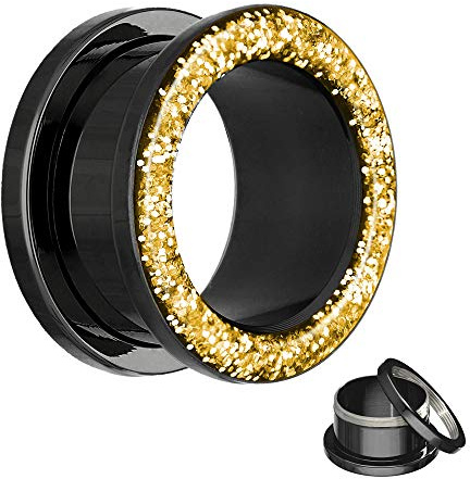 Treuheld® | Schwarzer Flesh Tunnel mit goldenem Glitter/Glitzer in gold - 17 Größen: 2-30mm - schraubbar - mit Schutzschicht - Piercing Ohr Tunnel aus Chirurgenstahl 316L (nickelfreier Edelstahl)