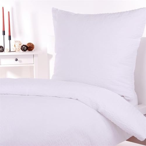 Hans-Textil-Shop Seersucker Bettwäsche Weiß 135x200 + 80x80 cm – bügelfreie Bettwäsche Baumwolle mit Reißverschluss, pflegeleicht & atmungsaktiv
