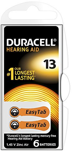 Duracell 75053916, Pila Uditiva Easy Tab 13, Arancione, Pack da 6