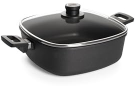 WOLL – Nowo Titanium Guss-Kasserolle 28×28 cm viereckig mit Deckel – 6 l, Aluguss, Antihaft (Titan-Diamant), abnehmbarer Stiel, backofenfest bis 300 °C – für alle Herdarten