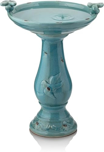 Alpine Corporation 61 cm hög utomhus keramisk antik piedestal fågelbad med 2 fågelfigurer, turkos