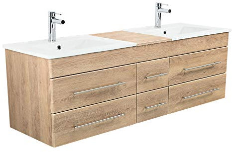 emotion | 2er Waschtisch-Set in Eiche hell | Made in Germany | B153 x H50,3 x T47 cm | 2X Keramik-Waschbecken mit Unterschrank und 6X Schubladen | Doppelwaschtisch für designvolle Badezimmer