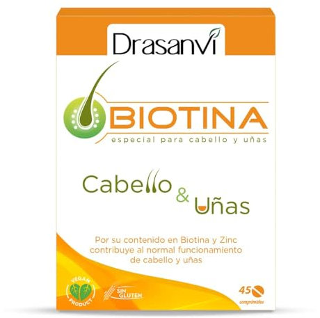 DRASANVI Biotina | Contiene Vitamina H, Hierro y Zinc | para cabello y uñas| ayuda a reforzar la función de la queratina | Vitamina esencial para Pelo Sano y Fuerte | 45 comprimidos=45dias