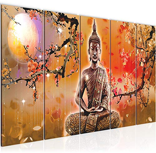 Runa Art Wandbild XXL Buddha Feng Shui Wohnzimmer Schlafzimmer 200 x 80 cm Beige Orange 5 Teilig - Made in Germany - 500655a
