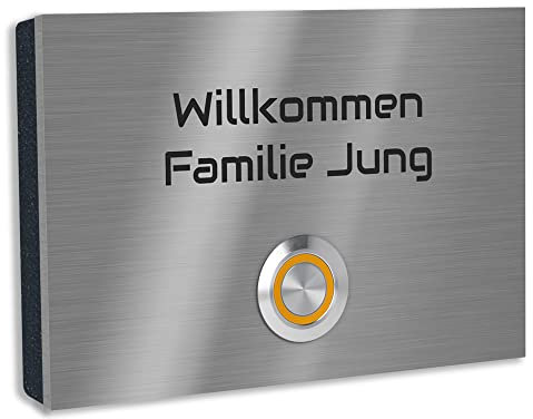 Jung Edelstahl Design Türklingel mit Gravur London 2 Klingelplatte in verschiedenen Größen. Varianten als Aufputz oder Unterputz Klingelschild. Klingel mit LED Taster orange mit Schraubkontakten.