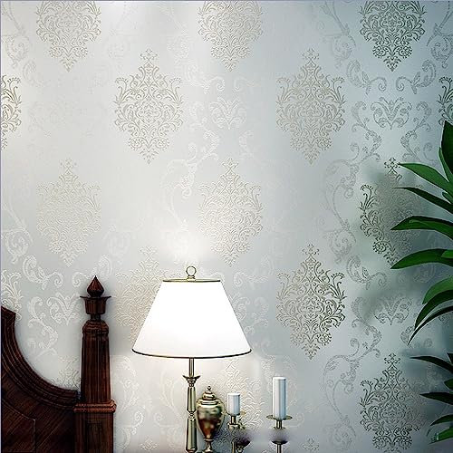 Q QIHANG European Style 3D Damask Pearl Powder Non-Woven Wallpaper Roll Cream Color 0.53m x 10m=5.3㎡