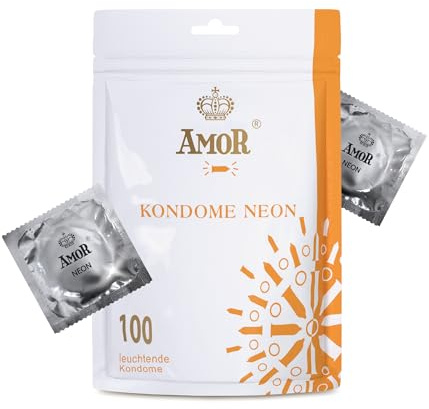 AMOR Premium Neon Kondome, Mit extra dünner oder starker Wanddicke Leuchtkondome Ø 53 mm, 100 Stück