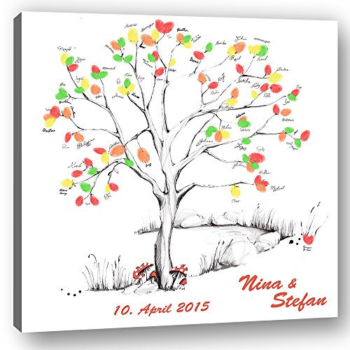 galleryy.net Hochzeitsbaum Fingerabdruck 60x60 mit NAMEN & DATUM - INKL Zubehör-Set (Stempelkissen+Stift+Anleitung+Hochzeitsbuch+...) - Wedding Tree Zeichenstil - Fingerabdruck Baum Leinwand