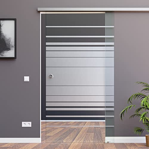 BM4-775-AS: Schiebetürsystem mit ESG 775x2050x8mm Dekor M4, Siebdruck; Schienensystem ALU SlimLine SoftStop; Griffmuschel
