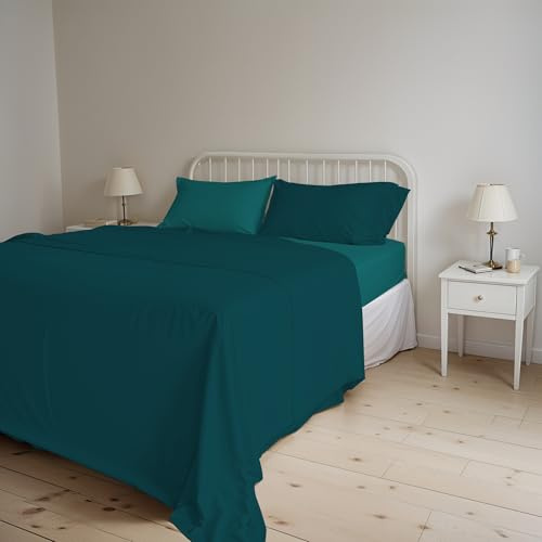 COMPLETO LETTO MATRIMONIALE NATURAL COLOR 100% Cotone - Prodotto in Italia - Sopra 240x300 cm, Sotto 170x200 cm, Federe 50x80 cm Tinta Unita - DoubleFace - Petrolio/Verde Bottiglia