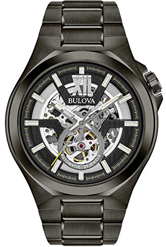 Bulova Herren Fashionuhr Maquina in der Farbe Schwarz mit Edelstahlarmband, Gehäusedurchmesser: 46 mm, 98A179