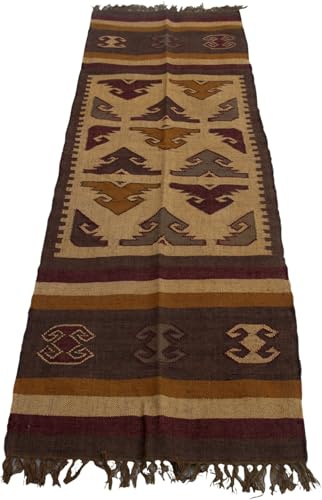 Orientalischer grob gewebter Kelim Teppich, handgewebt, 250x80 cm, Muster 8 | Teppich aus 50% Jute und 50% Wolle, Ethno-Stil, vielseitig einsetzbar, ideal für Wohnzimmer und Schlafzimmer.