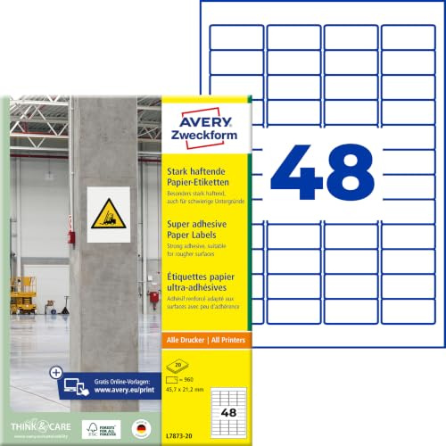 AVERY Zweckform L7873-20 Stark haftende Etiketten (960 Aufkleber, 45,7x21,2mm auf A4, extrem stark selbstklebend, auch für schwierige Oberflächen, bedruckbare Power Klebeetiketten) 20 Blatt, weiß