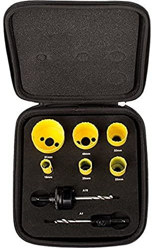 Starrett, Kit coronas perforadoras Fast Cut Electricistas: Ø 16 mm, 20 mm, 25 mm, 32 mm, 40 mm y 51 mm + 2 husillos + Extensión + Muelle expulsor, amarillo– KFC06042