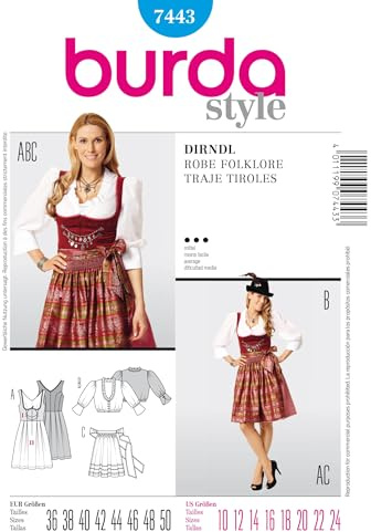 Burda Style Schnittmuster #7443 Damen kurzes Dirndl mit Bluse und Schürze Gr. 36-50