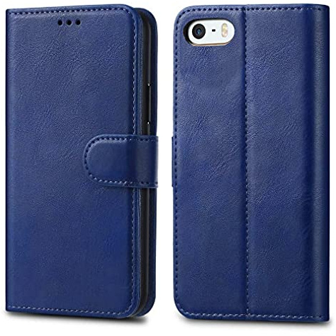 GAPlus iPhone SE 5 5S Case Premium Leather Flip Wallet Case Cover Pouch For iPhone SE 5 / 5S and Screen Protector With Polishing Cloth And Stylus (Blue)