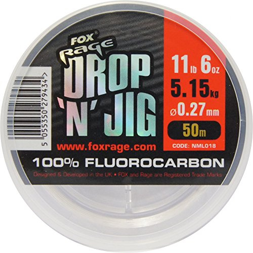 Fox Rage Fluocarbon Schnur Drop 'n' Jig 50m, Angelschnur für Vorfächer, Vorfachschnur zum Spinnfischen, Durchmesser/Tragkraft:0.27mm / 5.15kg Tragkraft