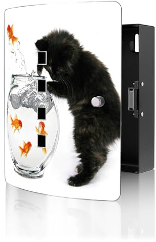 banjado Design Schlüsselkasten aus Edelstahl für 10 Schlüssel - Schlüsselschrank zur Schlüssel Aufbewahrung 24 x 21,5 x 7cm groß mit praktischem Magnetverschluss - Motiv Katze Und Fisch