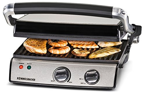 ROMMELSBACHER Kontaktgrill KG 2020 - variable Anwendungsmöglichkeiten, stufenlos regelbar, 5-fache Höhenverstellung, 2-Lagen Antihaftbeschichtung, Grillplatten herausnehmbar, Fettablauf, 2000 Watt